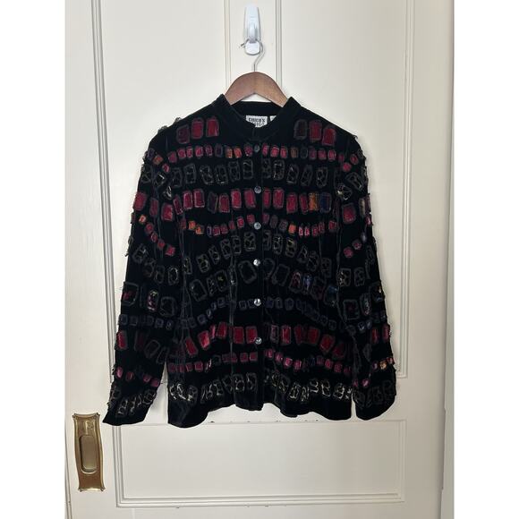 Chico's Silk Blend Art To Wear Button Blazer Womens Size Large Black Red Classic - Picture 1 of 8